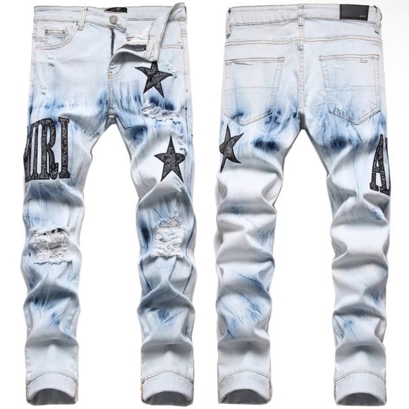 AMIRI Distressed Bandana Tie-Dye Denim Jeans Men’s Size 32 Black Star Patch - Picture 3 of 14